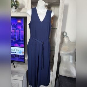 Michael Kors Cady Navy Blue Belted Wide Leg Sleeveless Jumpsuit Pants SZ 4